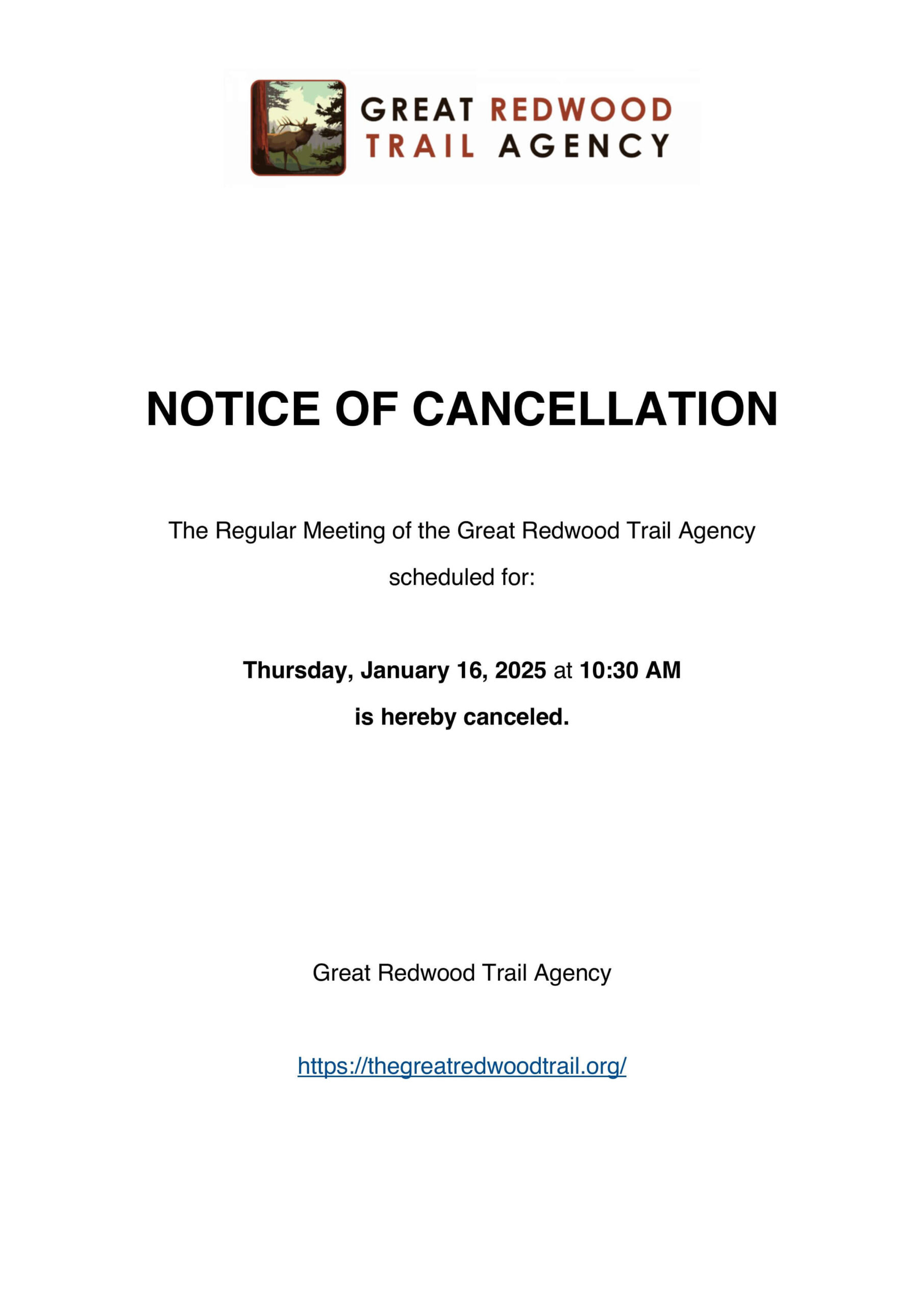 The Great Redwood Trail Board Meeting Cancellation 1.16.25